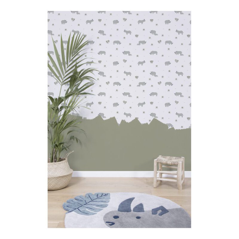 Behang Neushoorn Tanzania Lilipinso Licht Grijs Jongen Meisje Kinder Speel Baby Kamer Natuur Rhinoceros QIDDIE.com Lili-h0597