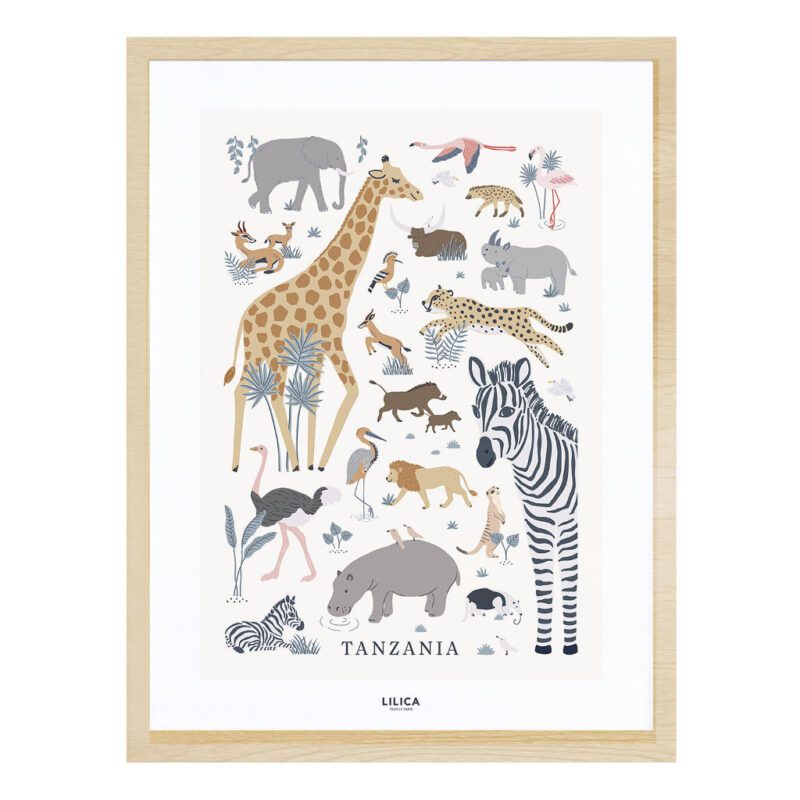 Safari Dieren Poster Tanzania Lilipinso Wild Animals African Wilde Dieren Kinderkamer Muurdecoratie Zebra Babykamer Giraf Olifant Neushoorn QIDDIE.com lili-P0298C