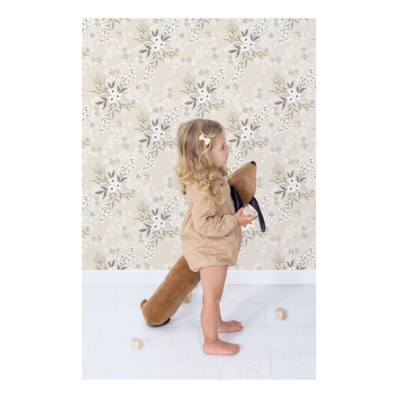 Behang Aquarel Bloemen Beige Braylynn Lichte Achtergrond Wit Grijs Okeer Mosterd Kleur Lilipinso lili-H0689