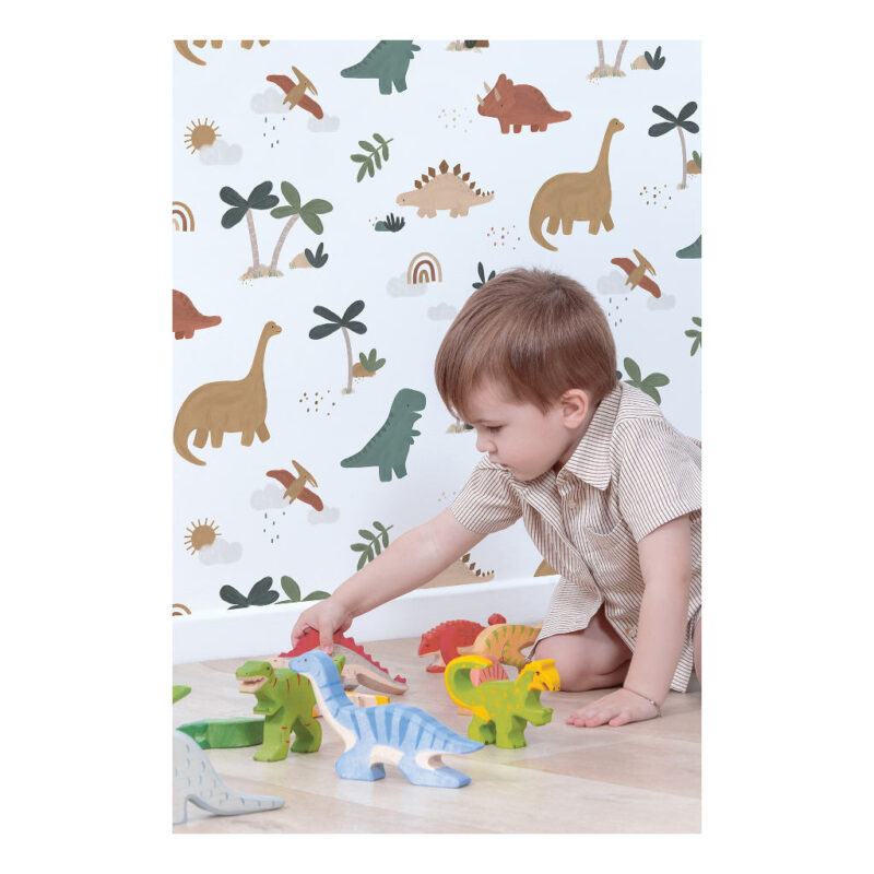 Behang Dinosaurus Patroon Wit Sunny Lilipinso Kinderkamer Behang Baby Peuter Kleuter Neutraal Jongen Meisje Vliesbehang lili-H0741