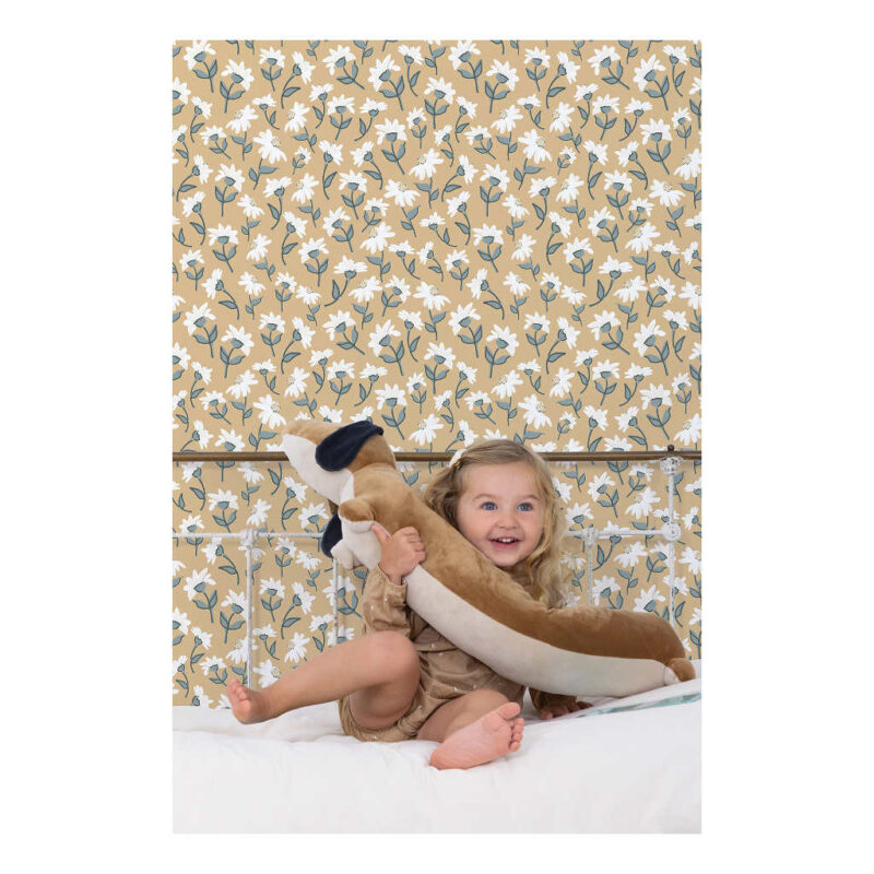 Behang Madeliefjespatroon Beige Picnic Day Lilipinso Kinderkamer baby Huiskamer Bloemen Oker lili-H0674