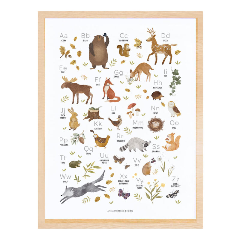 Bosdieren ABC Poster Norwood Lilipinso Dieren Beschreven In Engels Kinderkamer Baby Peuter Kleuter Leren Lezen Herknnen Met Lijst Bruin lili-P0340C